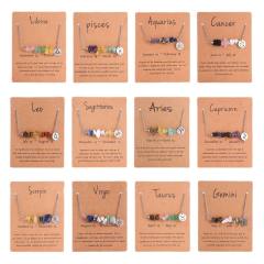 Colorful natural stone zodic charm stainless steel necklace with card