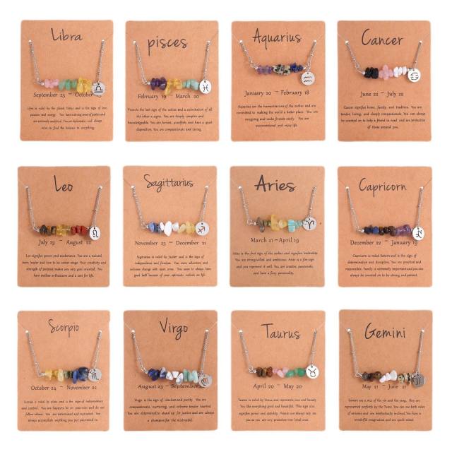 Colorful natural stone zodic charm stainless steel necklace with card