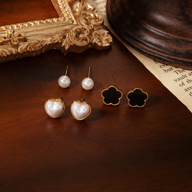 French trend black flower pearl heart stainless steel studs earrings set