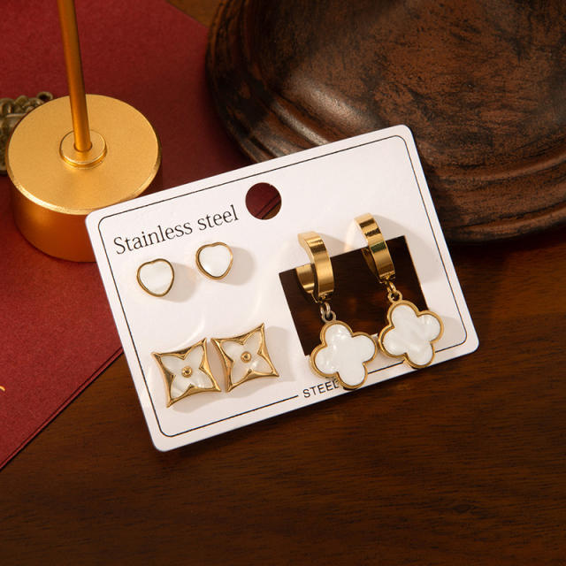 Classic white clover stainless steel earrings set