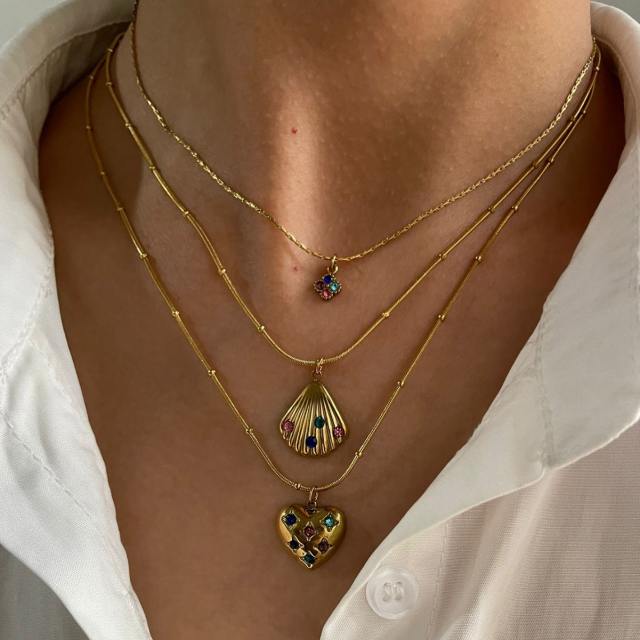 Colorful cubic zircon statement heart shell pendant stainless steel necklace