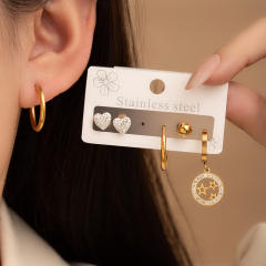 Hollow circle diamodn star heart stainless steel earrings set