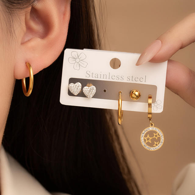 Hollow circle diamodn star heart stainless steel earrings set
