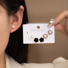 French trend black flower pearl heart stainless steel studs earrings set