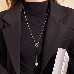 Easy match elegant pearl bead lariet necklace stainless steel long necklace