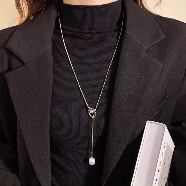 Easy match elegant pearl bead lariet necklace stainless steel long necklace