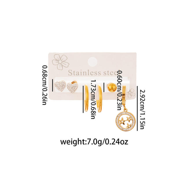 Hollow circle diamodn star heart stainless steel earrings set