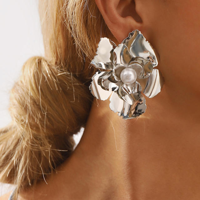 Chunky gold silver metal flower big choker necklace earrings set