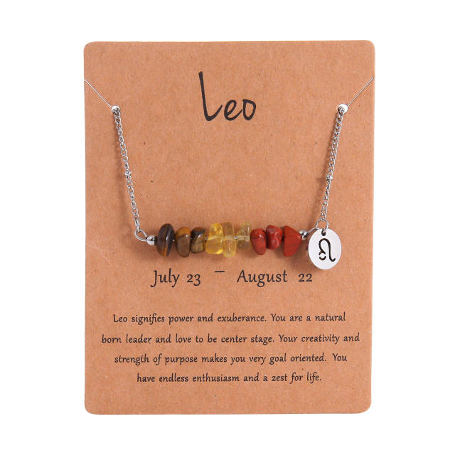 Colorful natural stone zodic charm stainless steel necklace with card