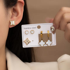 Classic white clover stainless steel earrings set