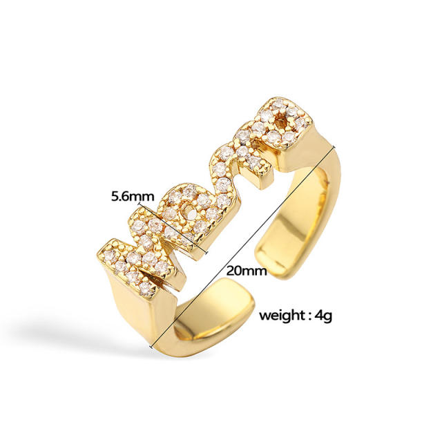 Concise diamond mama letter gold plated copper adjustable rings