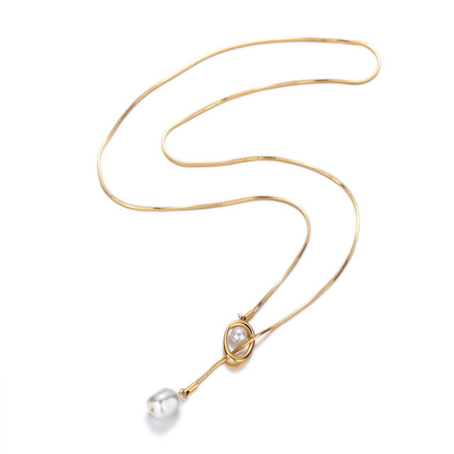 Easy match elegant pearl bead lariet necklace stainless steel long necklace