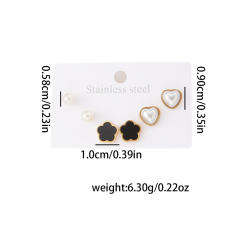 French trend black flower pearl heart stainless steel studs earrings set