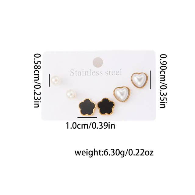 French trend black flower pearl heart stainless steel studs earrings set