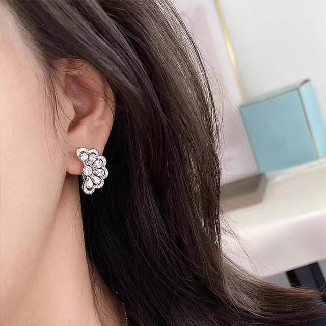 Delicate diamond semicircle flower copper earrings