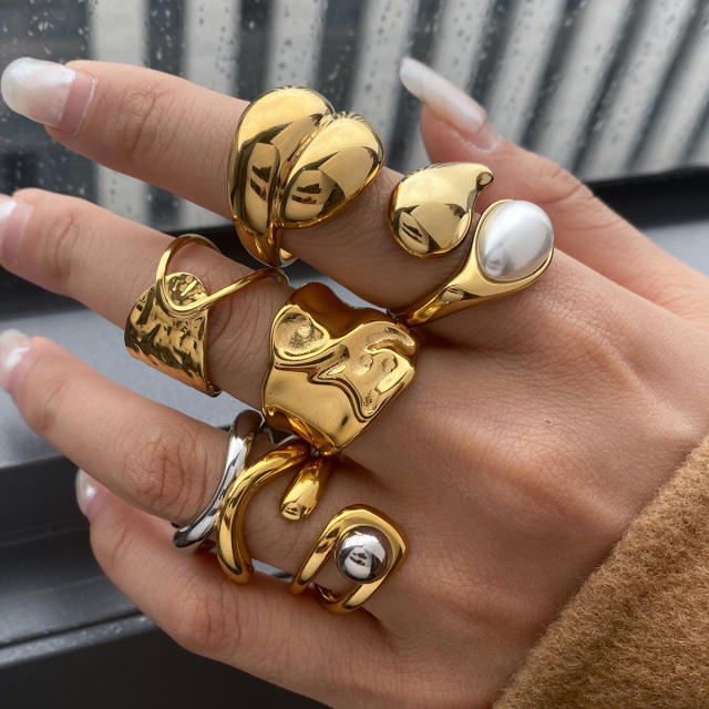 Chunky gold color pearl bead ball bead design stainless steel rings