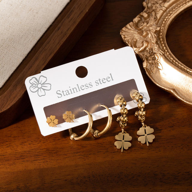 Classic gold color clover bead earrings set stainless steel earrings