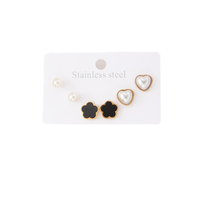 French trend black flower pearl heart stainless steel studs earrings set