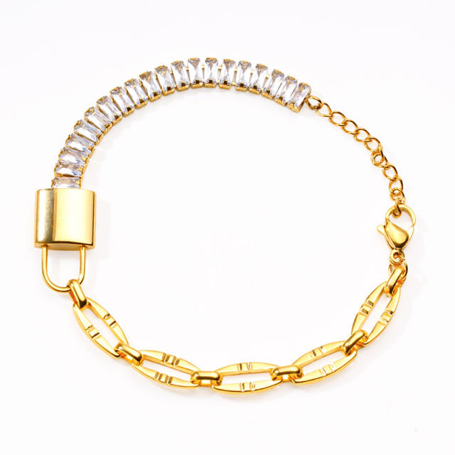 Stainless Steel Zircon Bracelet Asymmetric Rectangular Diamond Chain padlock stainless steel bracelet