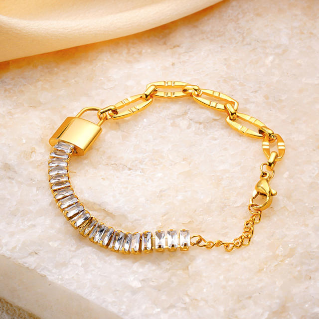 Stainless Steel Zircon Bracelet Asymmetric Rectangular Diamond Chain padlock stainless steel bracelet