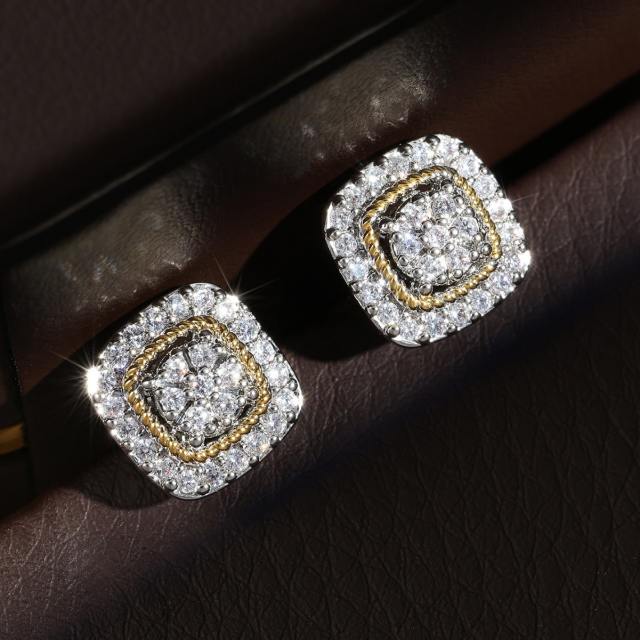 Simple square shape full diamond copper studs earrings