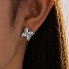 18KG diamond clover studs earrings copper earrings