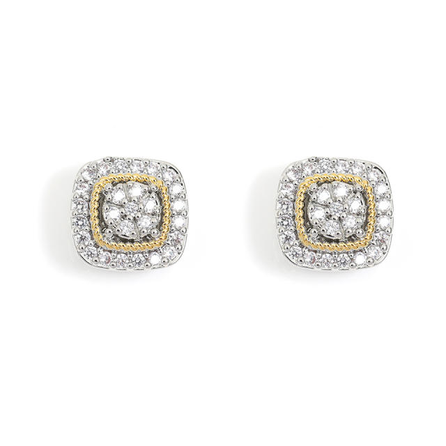 Simple square shape full diamond copper studs earrings