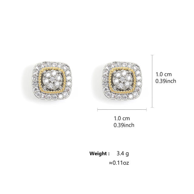 Simple square shape full diamond copper studs earrings