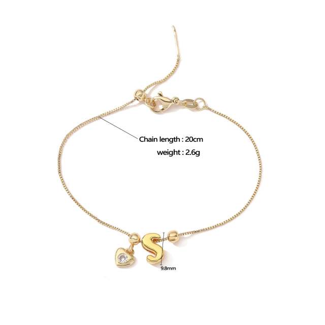 Copper inlaid zirconium love letter initial letter slide bracelet