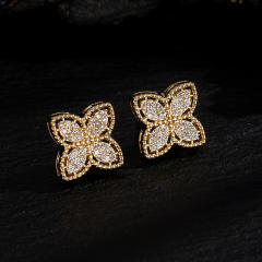 18KG diamond clover studs earrings copper earrings