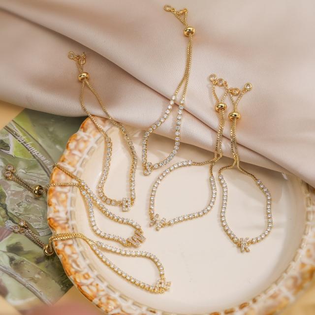 Delicate tennis chain diamond initial ltter slide bracelet copper bracelet