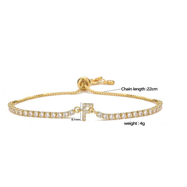 Delicate tennis chain diamond initial ltter slide bracelet copper bracelet