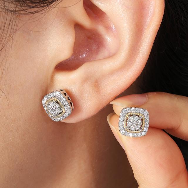 Simple square shape full diamond copper studs earrings