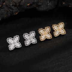 18KG diamond clover studs earrings copper earrings