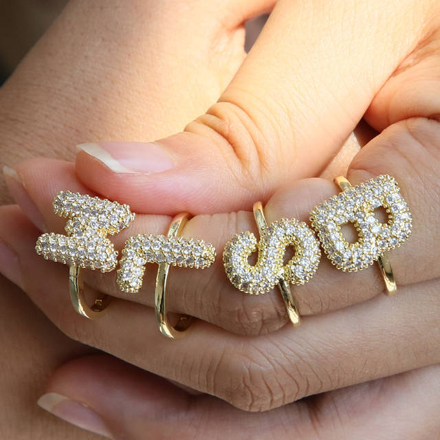 Full diamond bubble letter initial letter copper rings