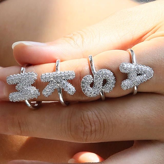 Full diamond bubble letter initial letter copper rings