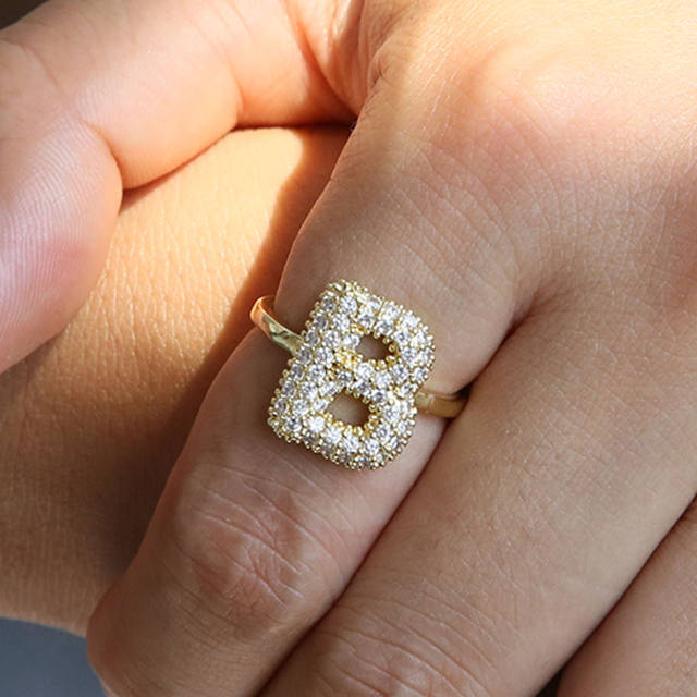 Full diamond bubble letter initial letter copper rings