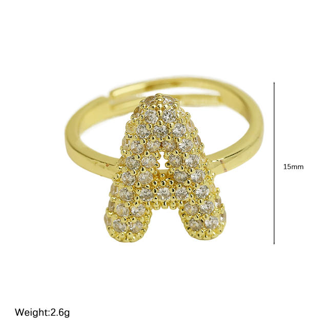 Full diamond bubble letter initial letter copper rings