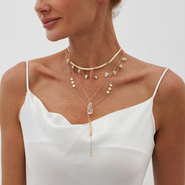 Boho irregular imiation crystal 4 layer long necklace