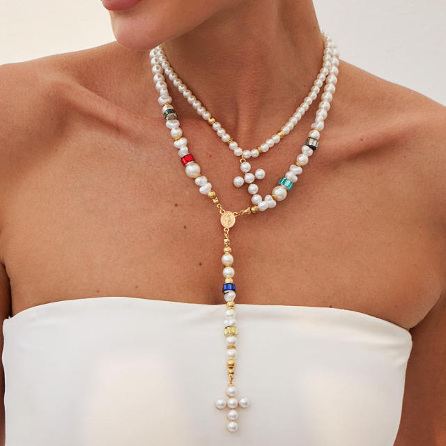 2pcs baroque pearl bead cross pendant necklace suit