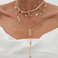 Boho irregular imiation crystal 4 layer long necklace