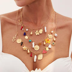 Boho multi element charm three layer necklace set