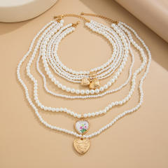 Baroque multi layer pearl bead heart pendant long necklace