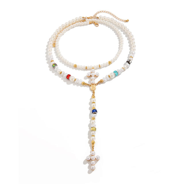 2pcs baroque pearl bead cross pendant necklace suit
