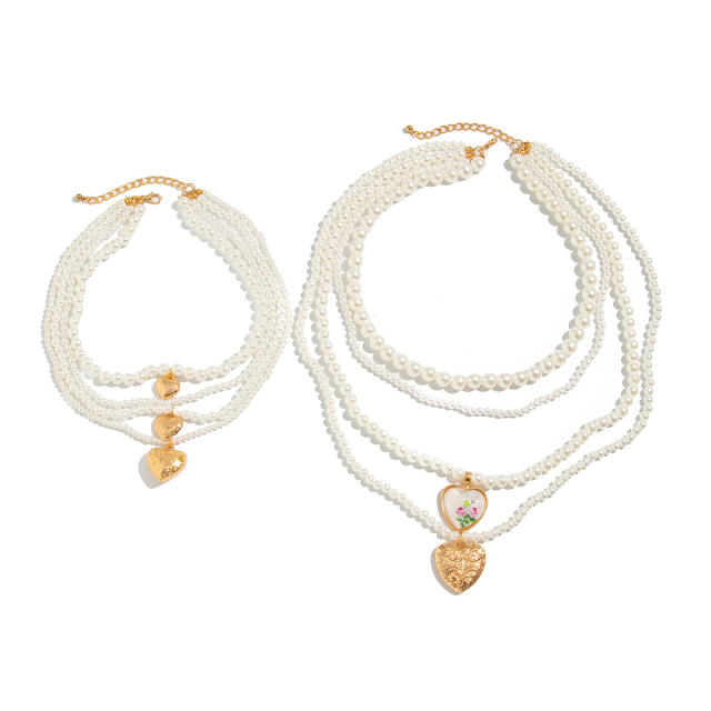 Baroque multi layer pearl bead heart pendant long necklace