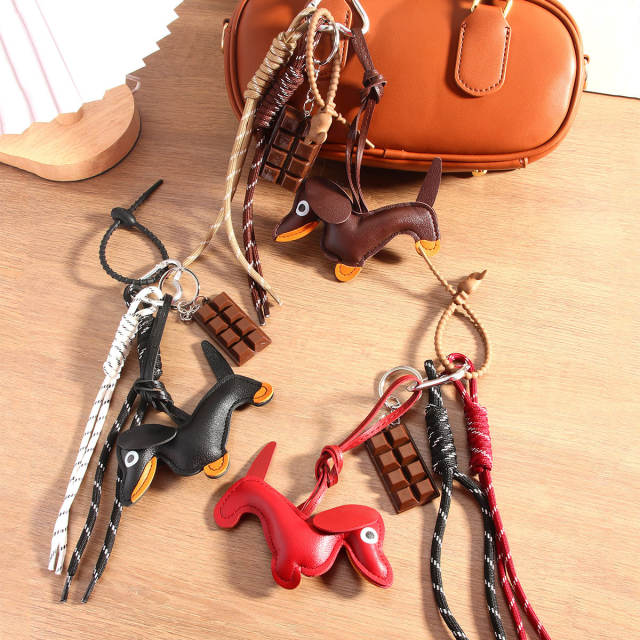 Vintage miu style leather sausage puppy woven rope chocolate bag pendant lanyard keychain