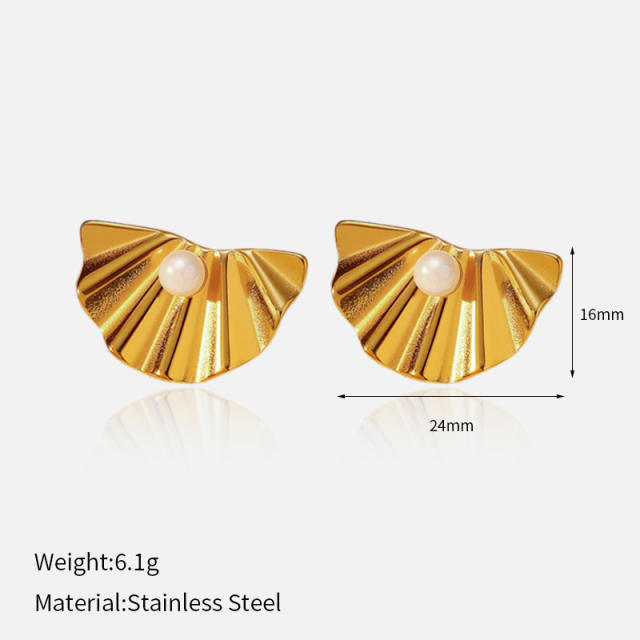 Vintage elegant pearl fan shape round shape stainless steel earrings