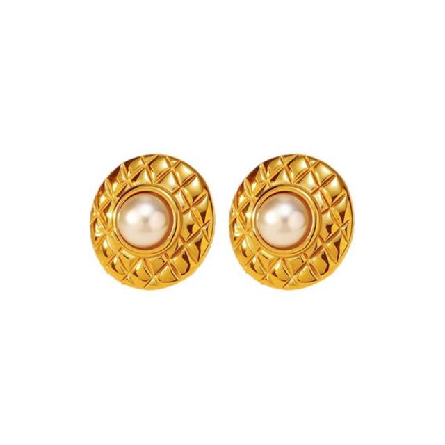 Vintage elegant pearl fan shape round shape stainless steel earrings