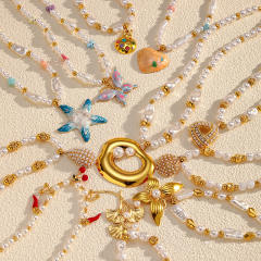 Summer beach trend pearl bead chain enamel starfish pendant necklace stainless steel necklace