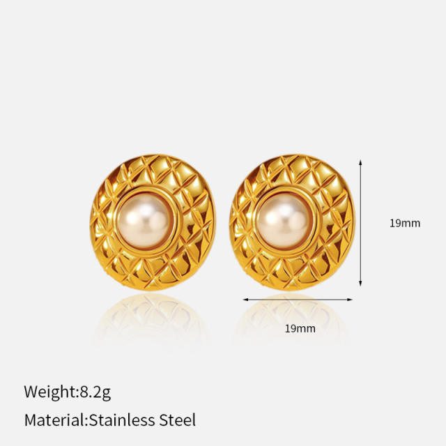 Vintage elegant pearl fan shape round shape stainless steel earrings